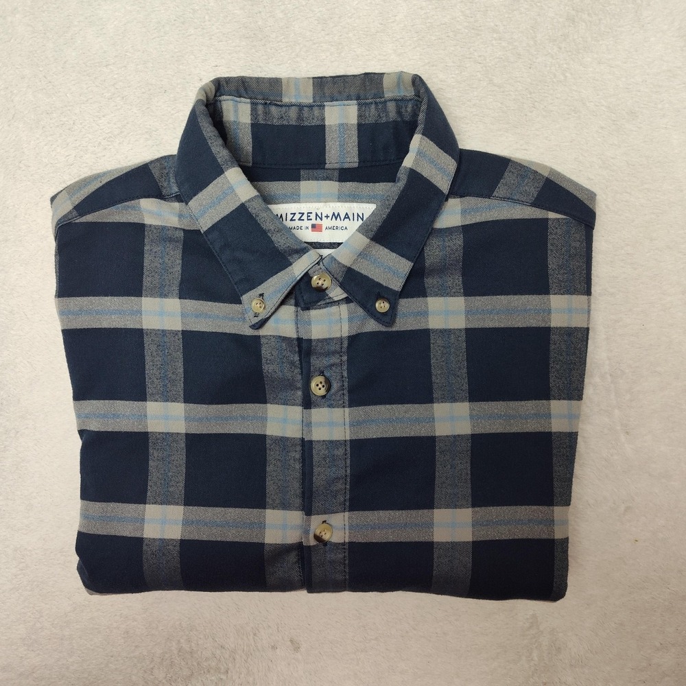 Mizzen+Main Shirt Mens L Blue Plaid Button-Up Flannel Slim Stretch‎ Trim Fit USA